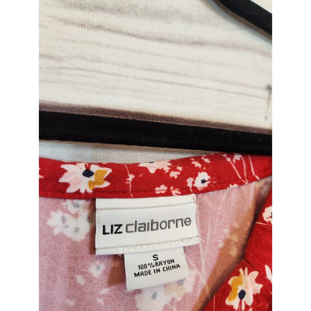 Liz Claiborne Women's Red White Floral Bell Sleeve Square Neck Blouse Size Small - Picture 3 of 5